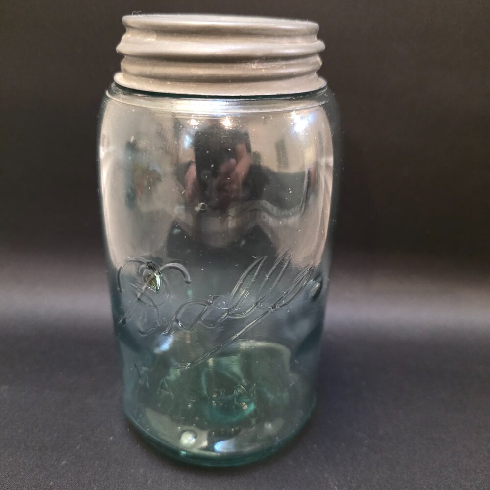Antique BALL MASON Aqua Quart Jar Zinc Lid Bubbles K vtg
